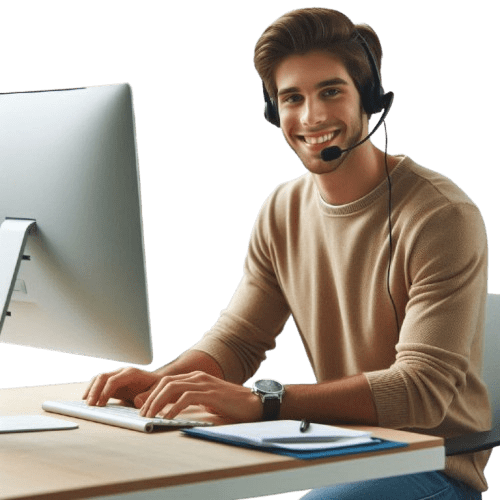 a man wearing a headset and sitting at a desk